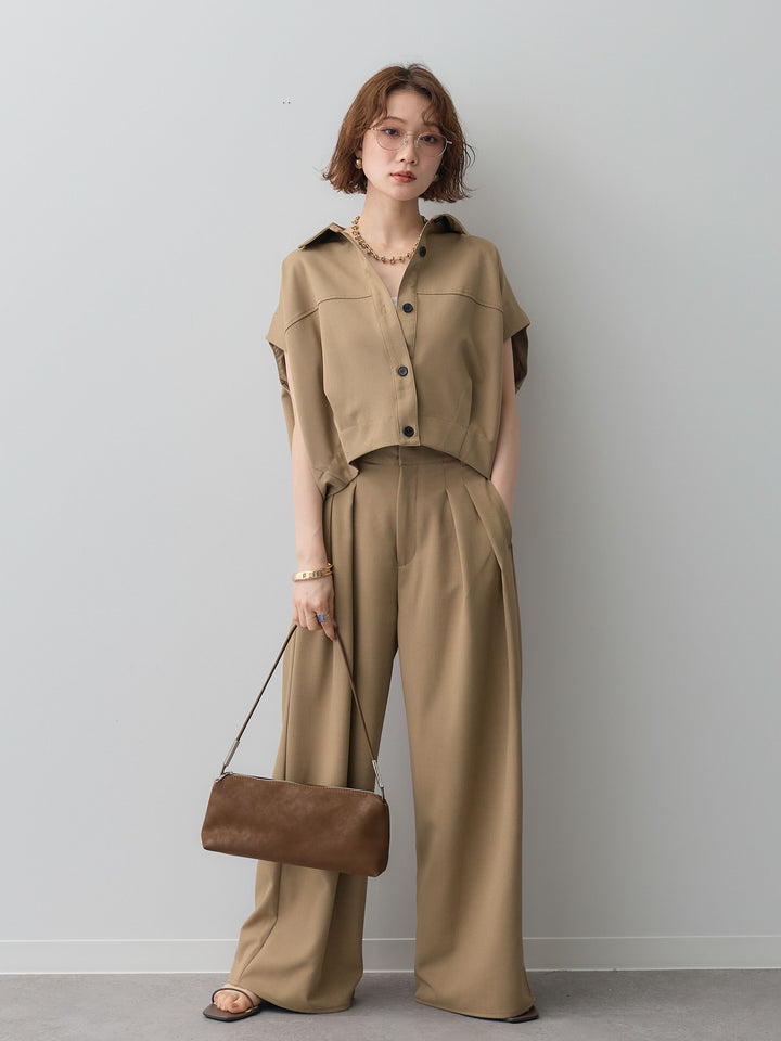 【套裝】縐綢燈籠無袖襯衫 + 縐綢闊腿褲（兩件套）