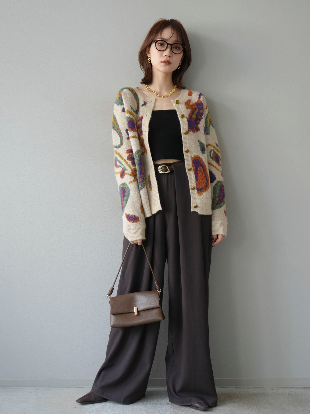 [SET]ミックスヤーンペイズリー柄ニットカーディガン+ベルトループデザインワイドパンツ(2set)