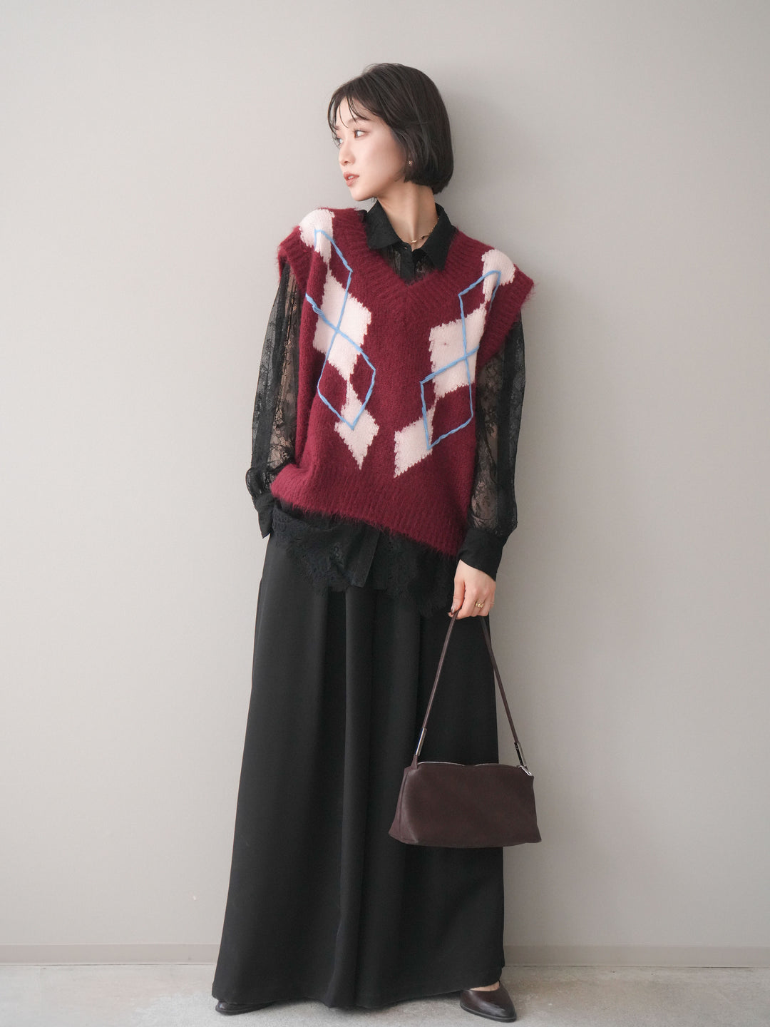 [SET]アーガイルVネックニットベスト+選べるアクセセット(2set)