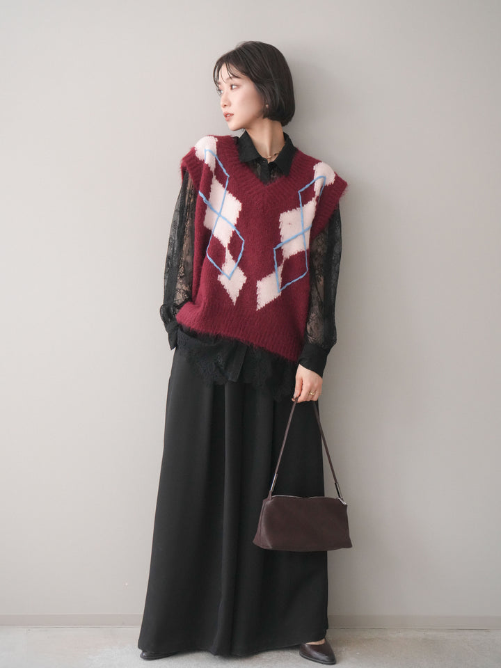 [SET]アーガイルVネックニットベスト+選べるアクセセット(2set)