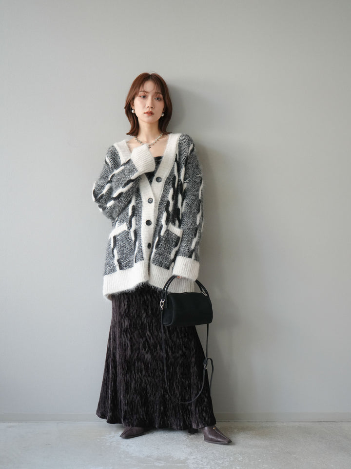 [予約]バイカラー編み込みデザインニットカーディガン/ホワイト