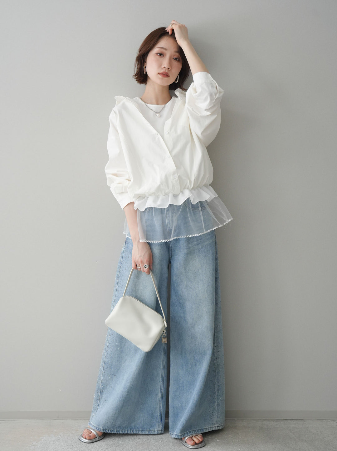 [予約]サイドビジューワイドデニムパンツ/lightblue