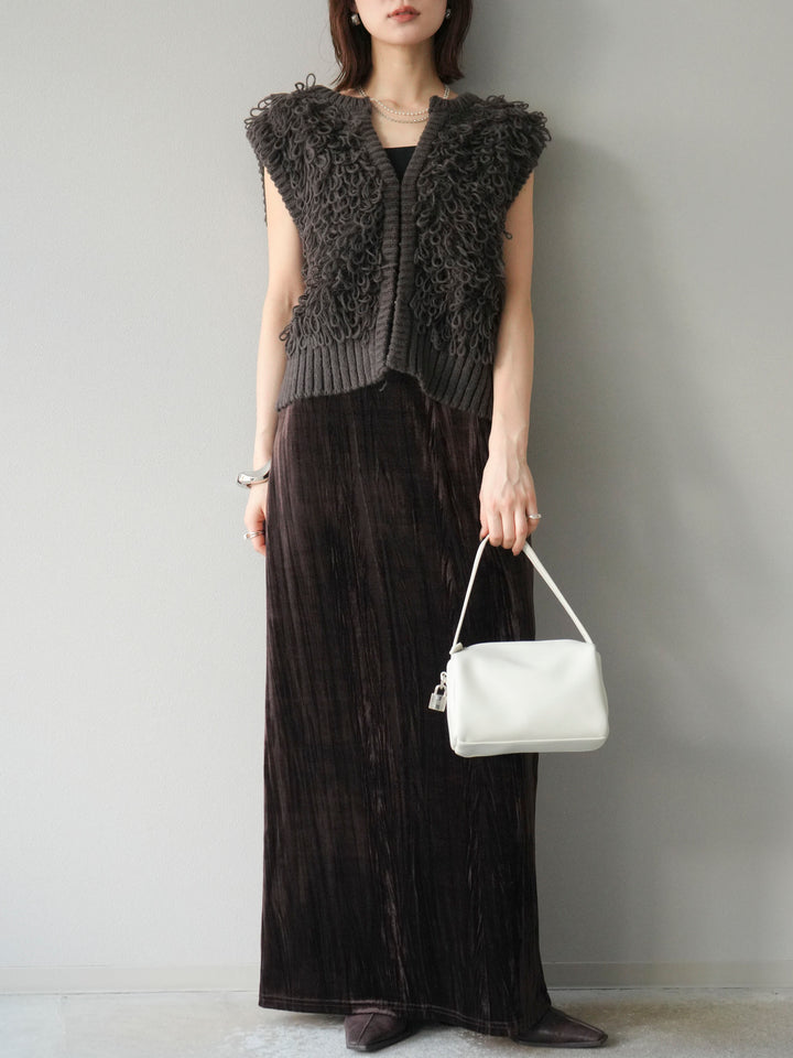 [SET]レザー襟オンブレチェックオーバーシャツ +ループデザインホックベスト +クラッシュベロアナロースカート(3set)