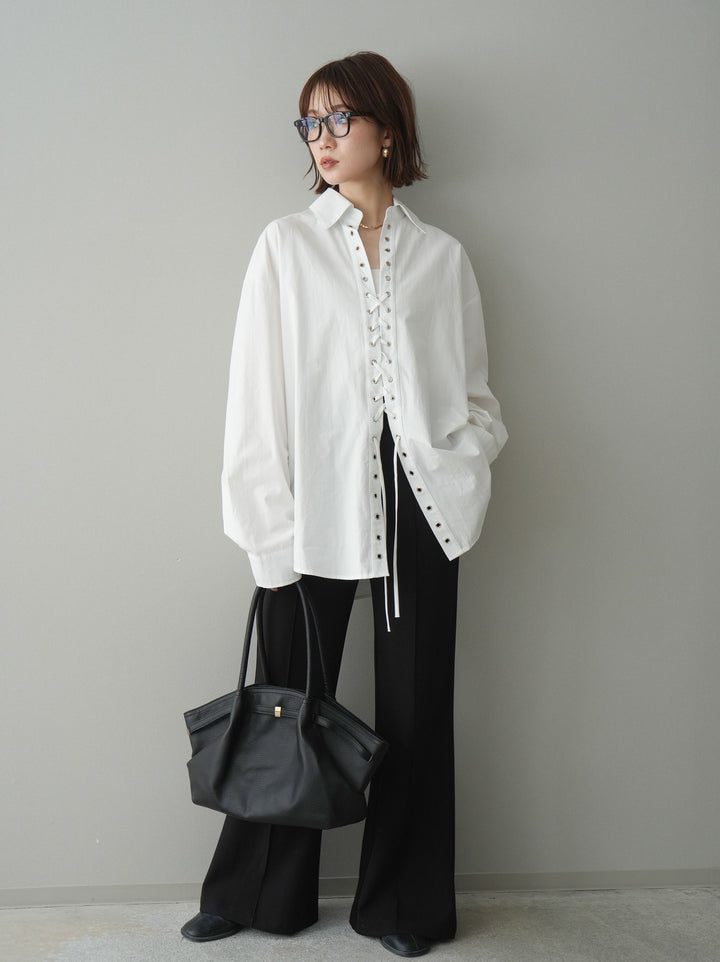 [SET]レースアップブロードシャツ+センターシームフレアパンツ(2set)