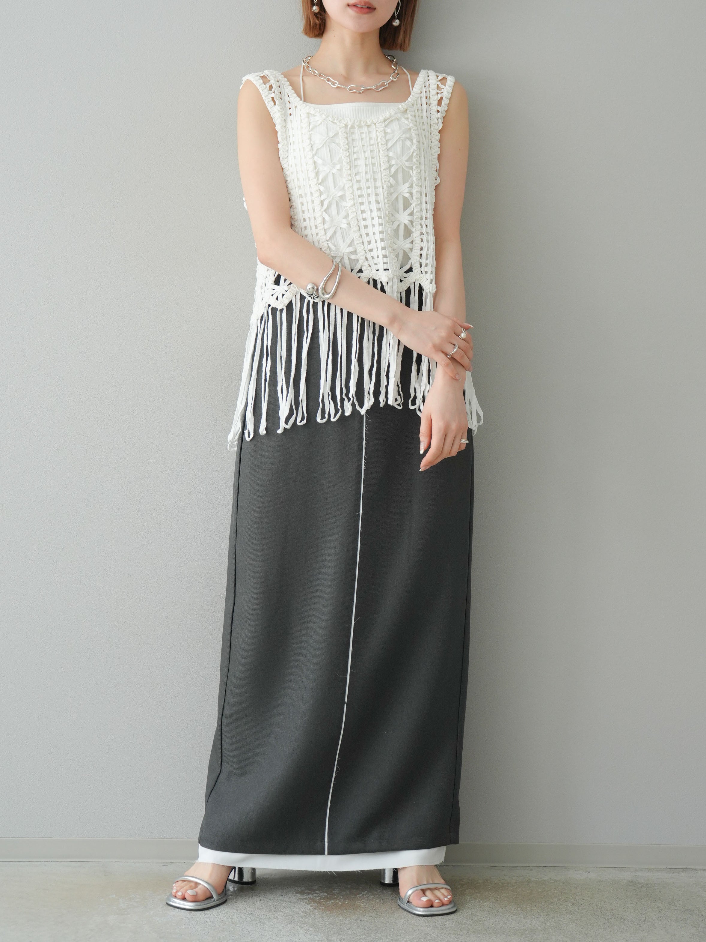 seyto 完売品 / ジャガードフリンジノースリーブトップス ブラック