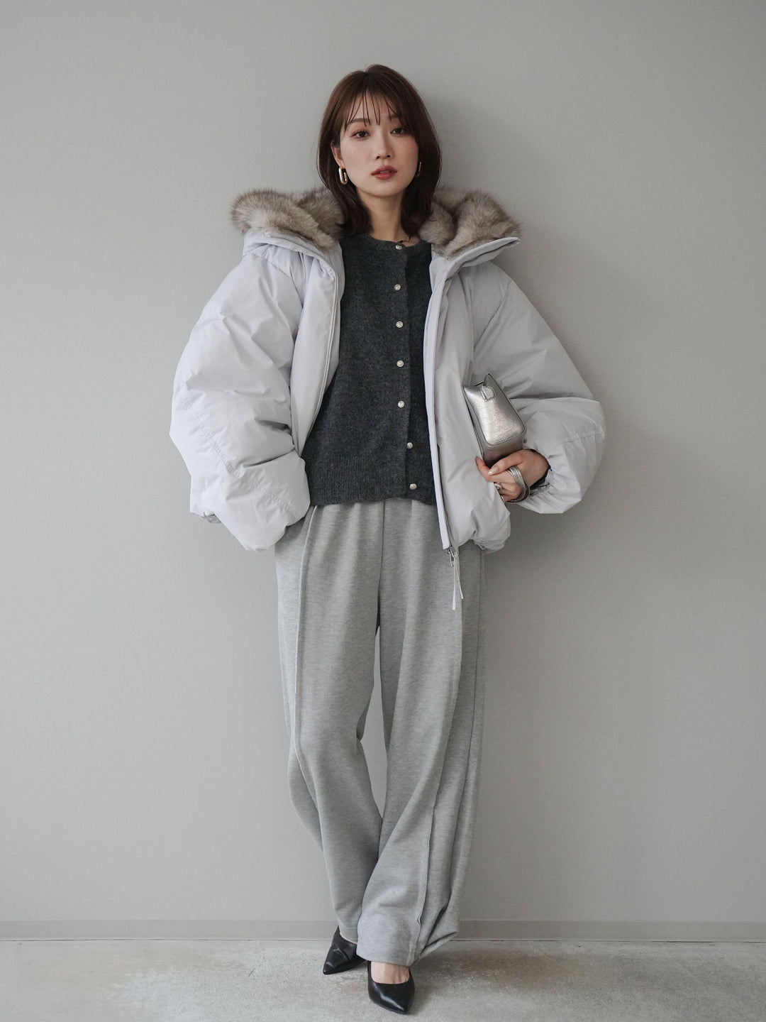 [予約]フードファーショートダウンコート/lightgray