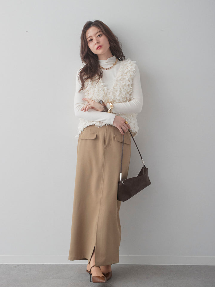 [SET]リボンフリンジベスト+クレープデシンフラップ付きストレートスカート(2set)