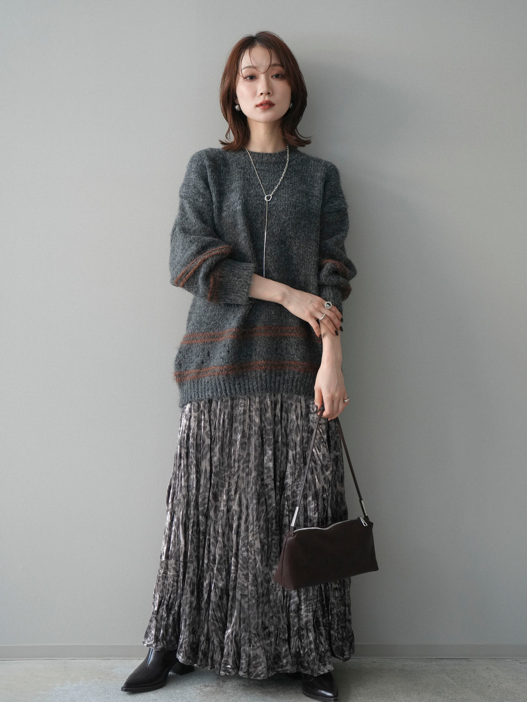 [予約]クルーネックラインボーダーニットプルオーバー/gray