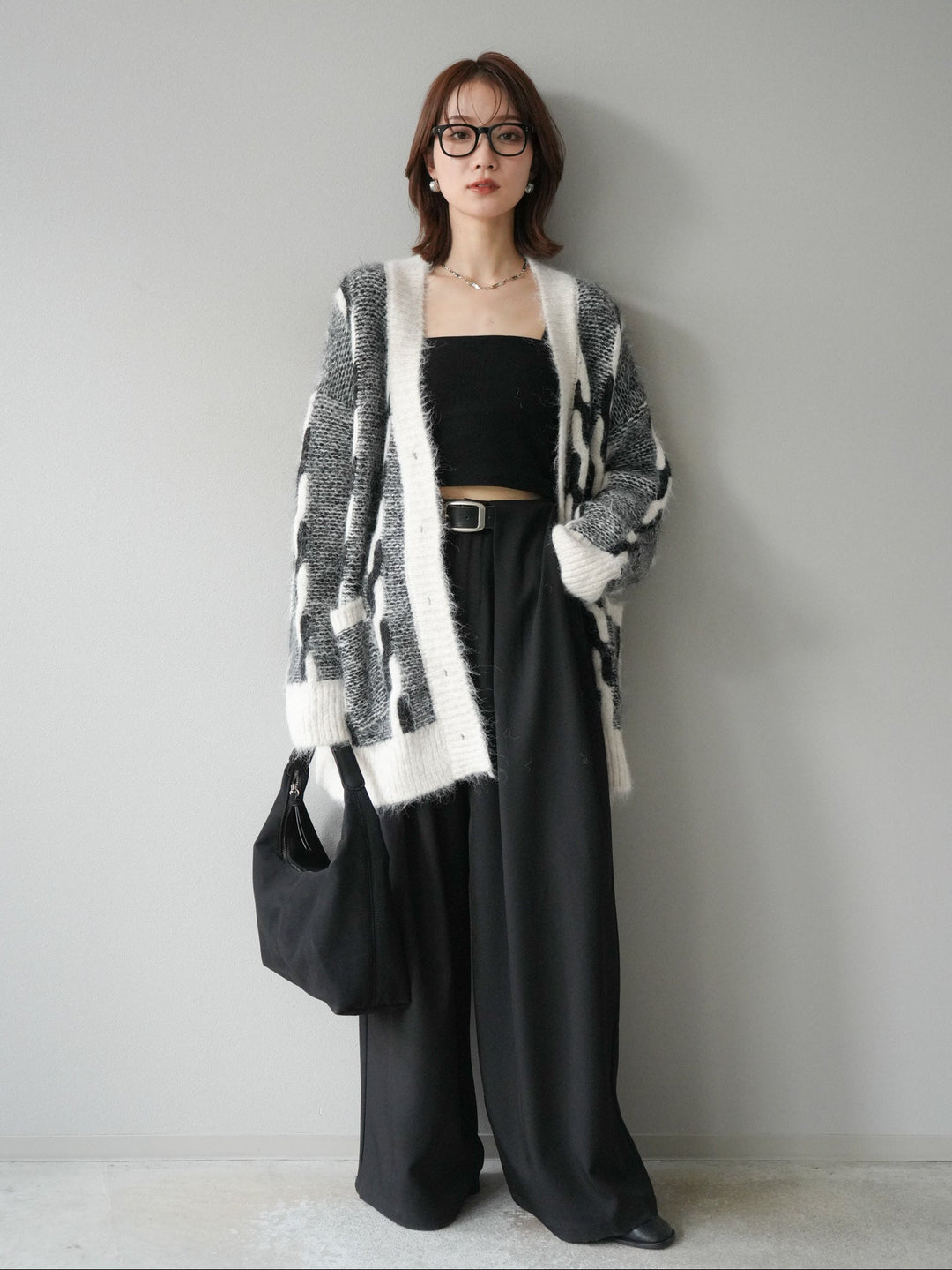 [SET]バイカラー編み込みデザインニットカーディガン+ベルトループデザインワイドパンツ(2set)