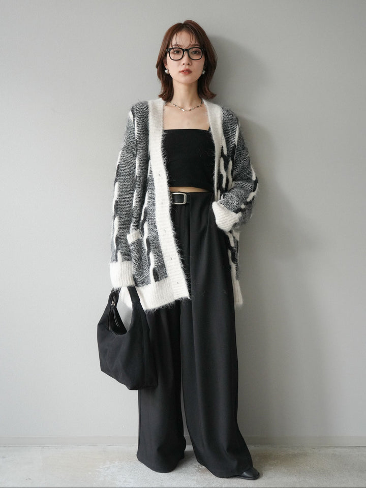 [SET]バイカラー編み込みデザインニットカーディガン+ベルトループデザインワイドパンツ(2set)