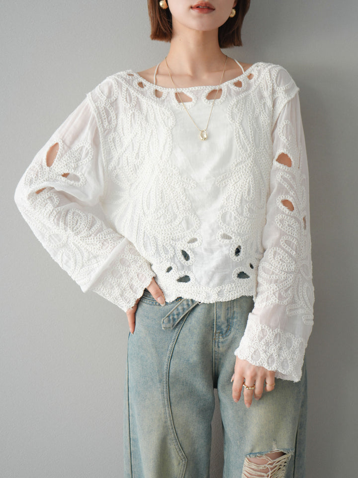 [予約]かぎ編みデザインブラウス/オフホワイト
