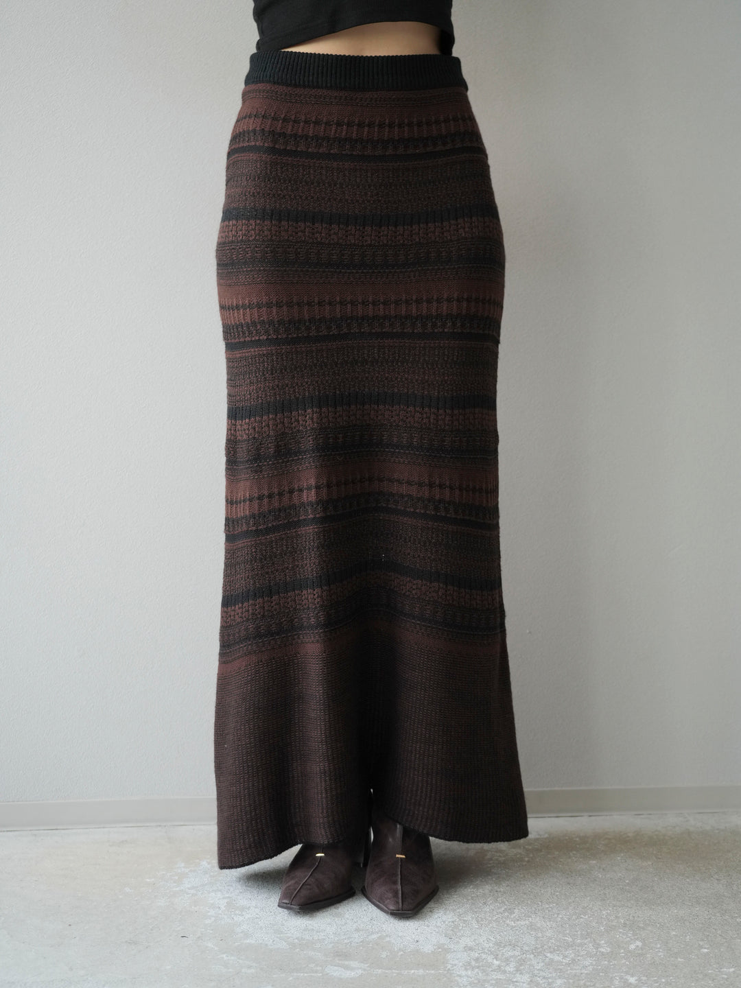 [予約]ガーター編みニットロングスカート/ブラウン×ブラック