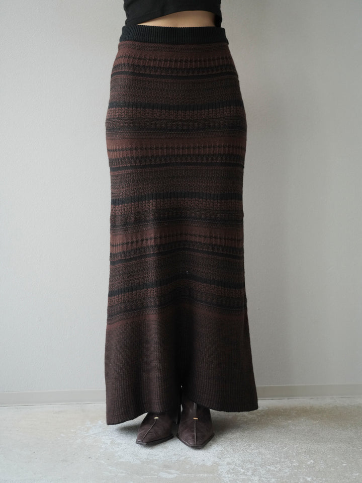 [予約]ガーター編みニットロングスカート/ブラウン×ブラック