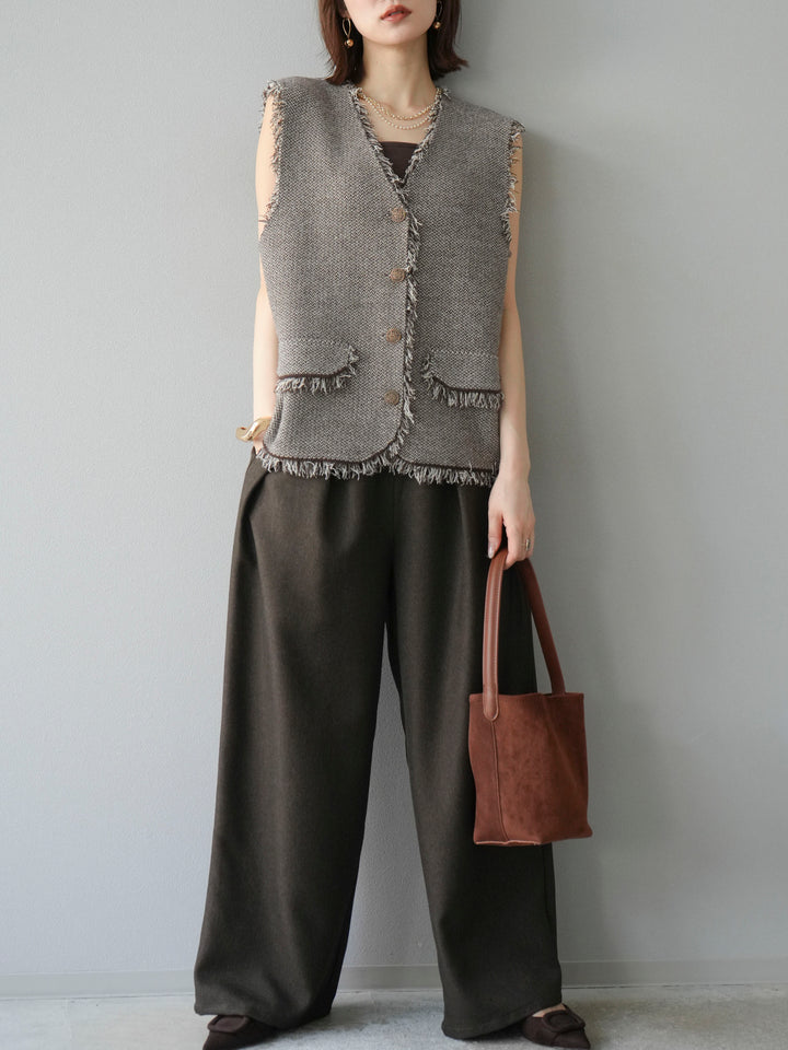 [予約]レザーパイピングタックワイドパンツ/ブラウン