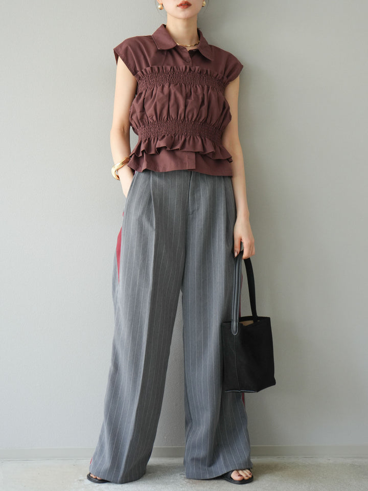 [予約]サイドラインストライプワイドパンツ/グレー