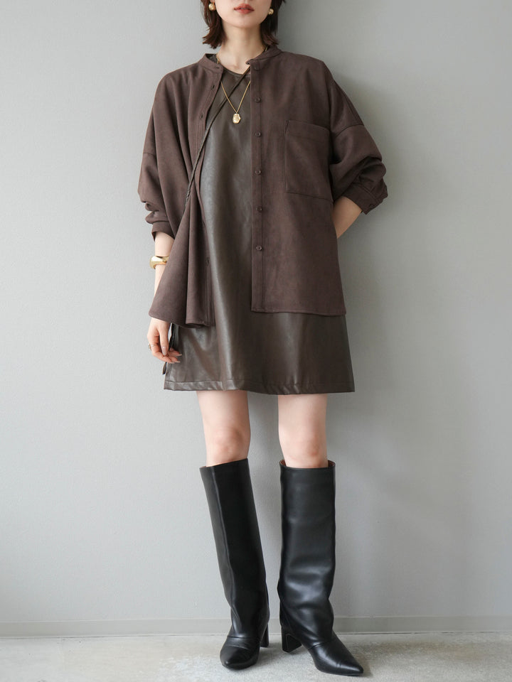 [SET] 麂皮立領外套襯衫 + 附單肩包皮革迷你連身裙（2 套）