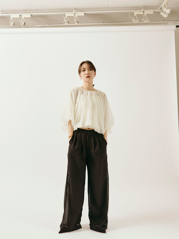 [予約]メッシュタックワイドパンツ/ブラウン