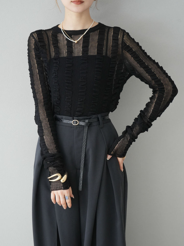 [予約]リネンタッチシャーリングニットトップス/ブラック