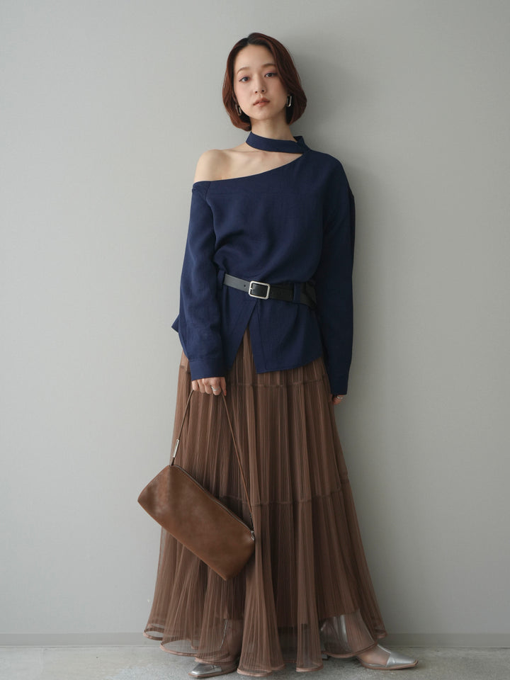 [SET]ベルト付ワンショルダースリットブラウス+ラメプリーツレイヤードチュールロングスカート(2set)