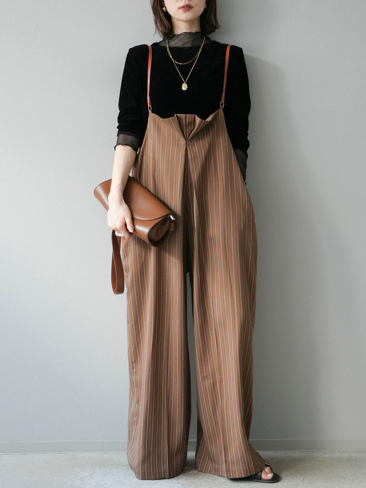 [SET]ヘリンボーンストライプサロペット+シアー切替ベロアトップス(2set)