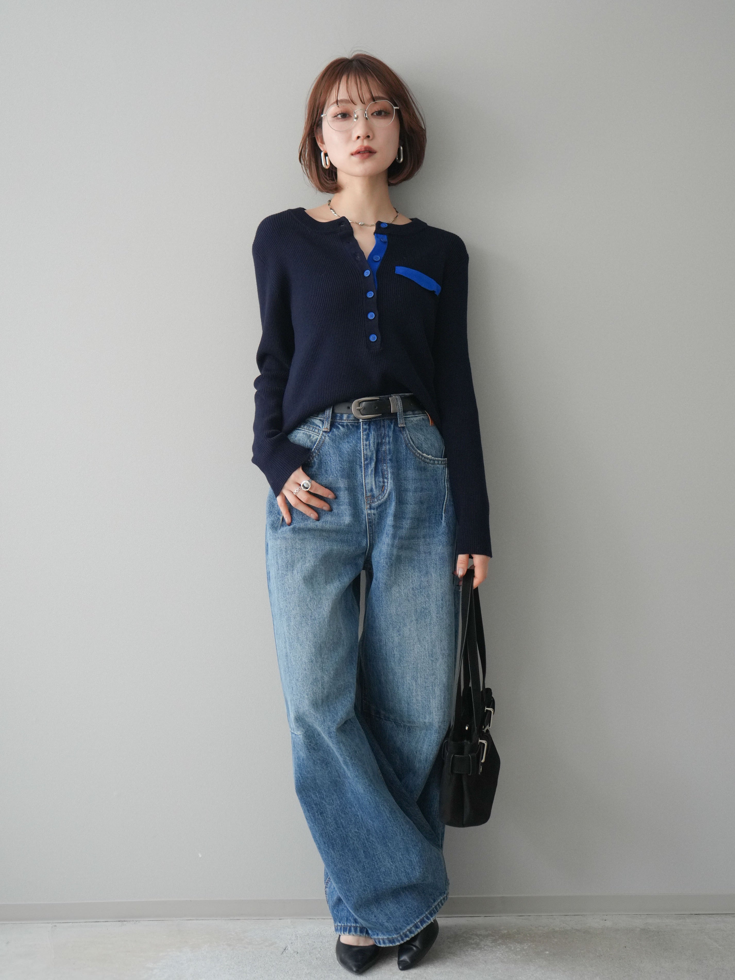 SET]バイカラーデザインポケット配色ヘンリーネックニットソー+ベルト