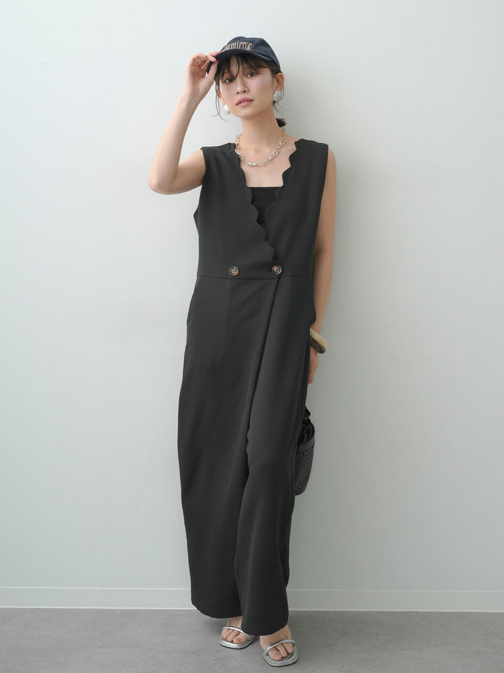 [予約]スカラップデザインサロペット/black