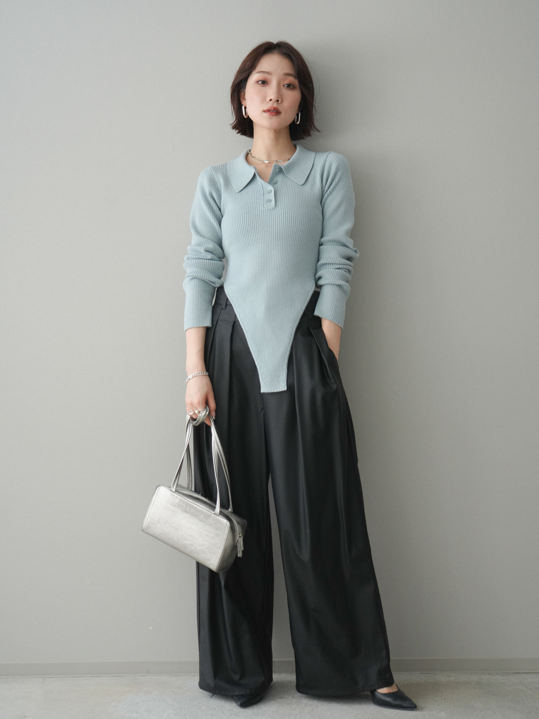 [予約]リブポロニットボディスーツ/blue