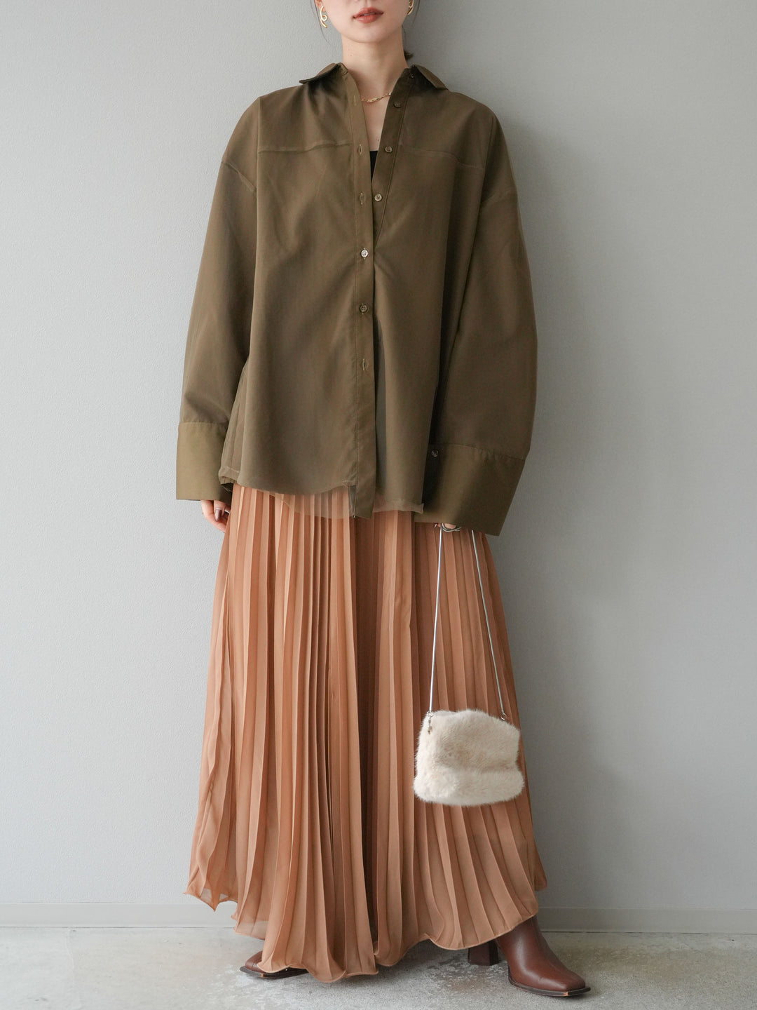 [予約]シフォンプリーツパイピングスカート/キャメル