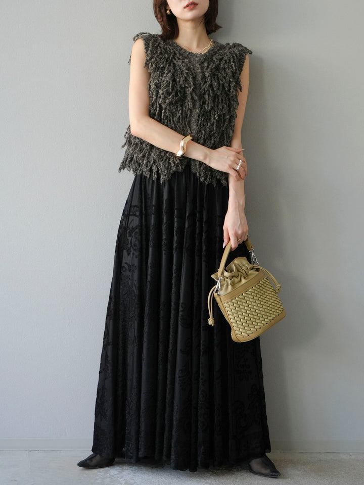 [予約]アンティーク柄フロッキーマキシスカート/ブラック