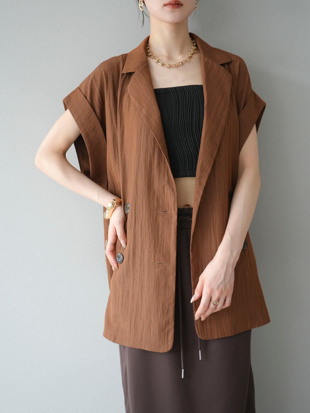 [SET]リネンライクノースリーブダブルジレ+選べるアクセセット(2set)