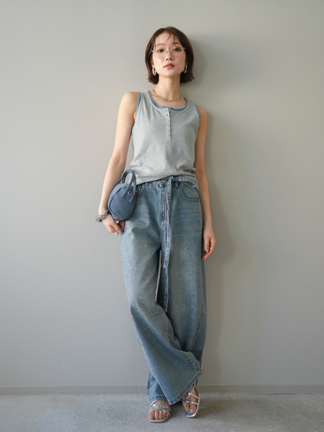 [SET]配色リブヘンリータンクトップ+ウエストベルトビジューワイドデニムパンツ(2set)