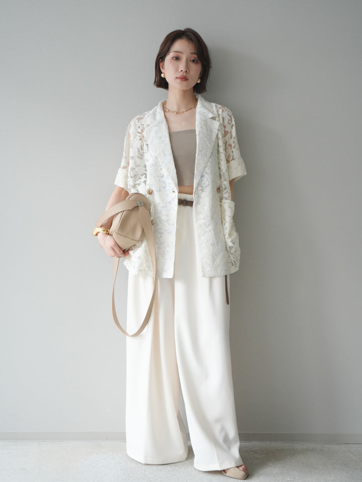 【套裝】花朵蕾絲短袖外套+垂褶收腰帶環長褲（兩件套）