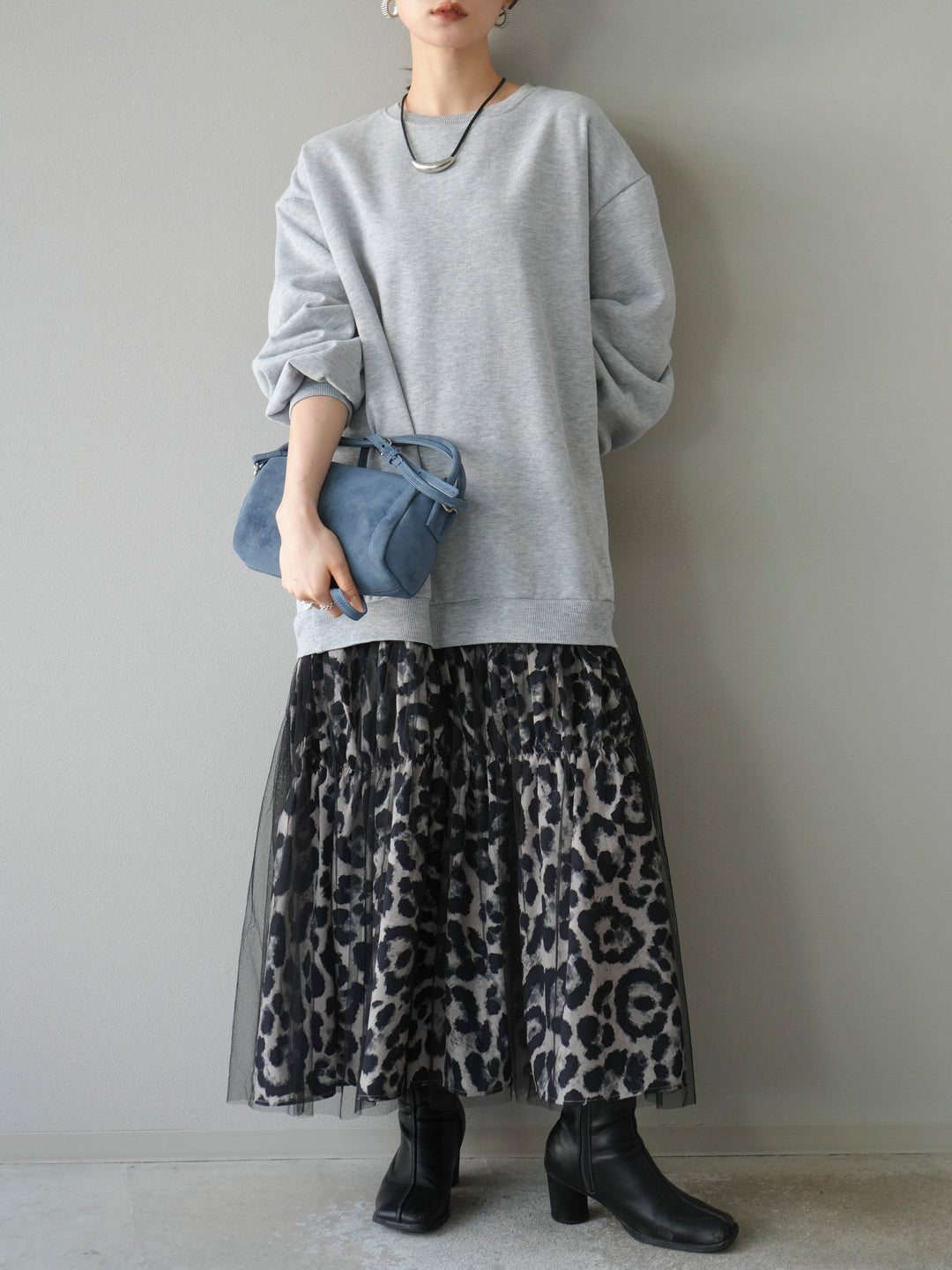 [予約]スウェットドッキングアニマル柄レイヤードワンピース/グレー