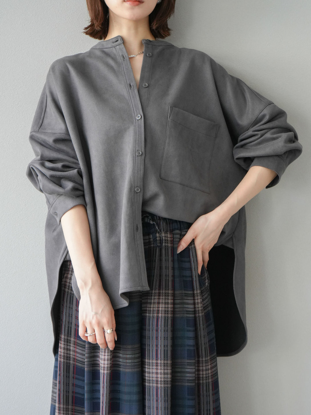 [予約]スエードバンドカラーオーバーシャツ/チャコール