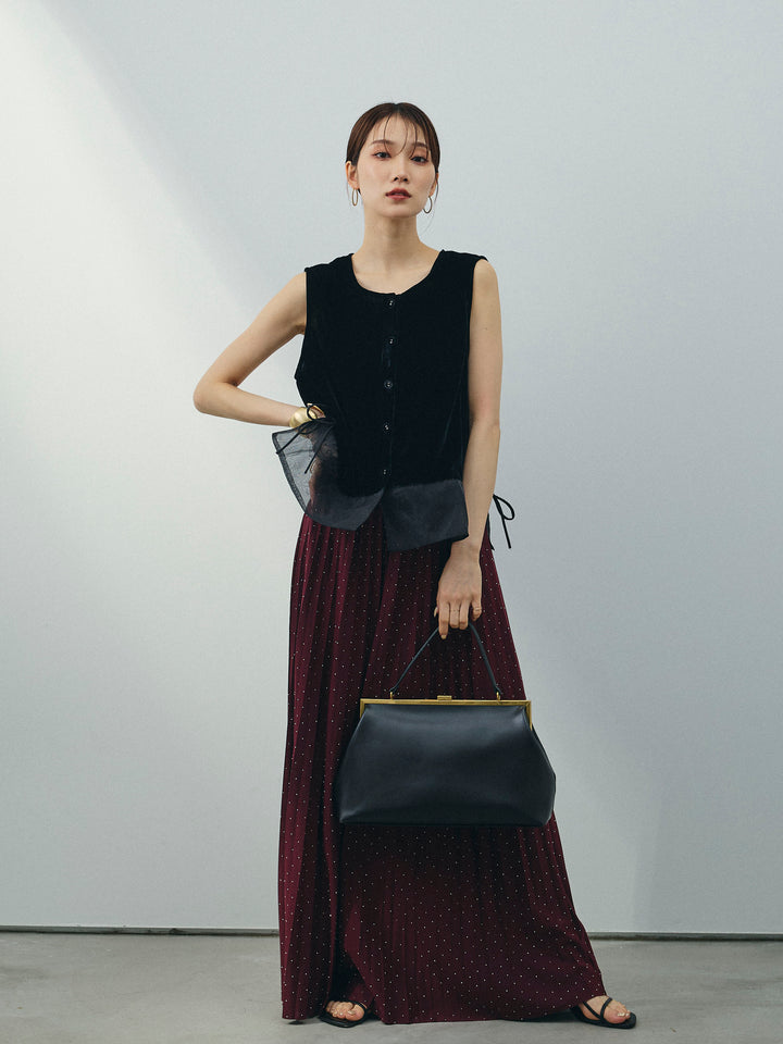 [SET]裾チュールベロアノースリーブプルオーバー+ラインストーンプリーツスカート(2set)