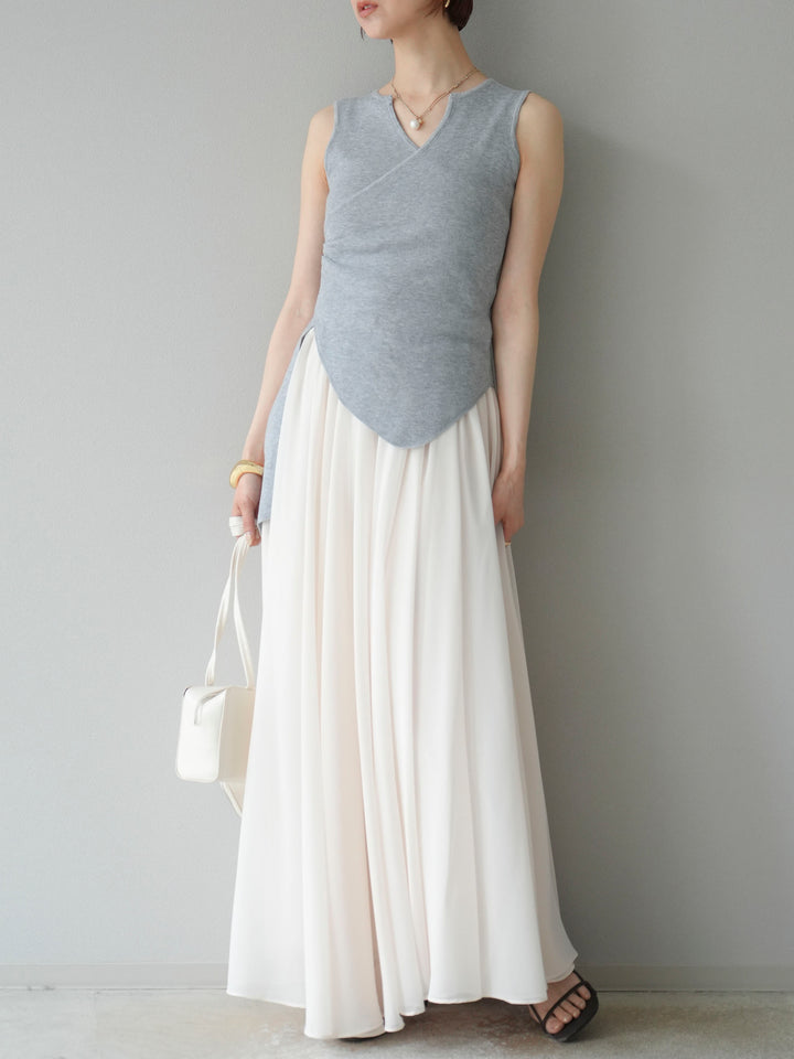 [SET]カシュクールノースリーブニットトップス+シフォンフレアスカート(2set)