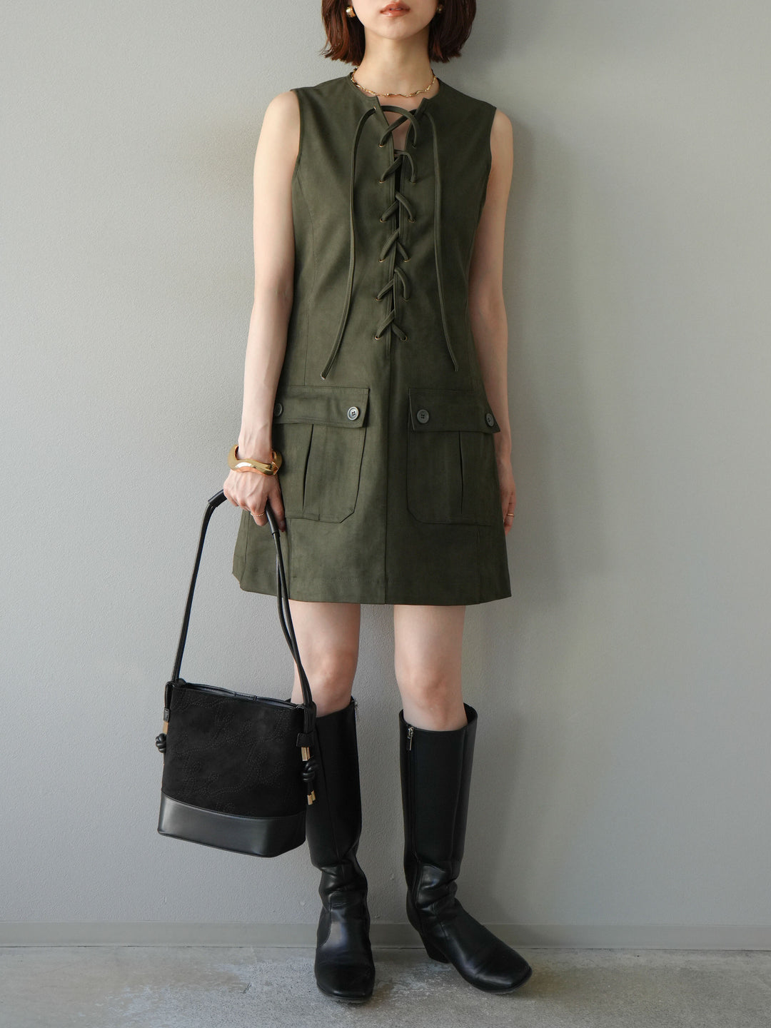 [予約]レースアップスエードミニワンピース/カーキ