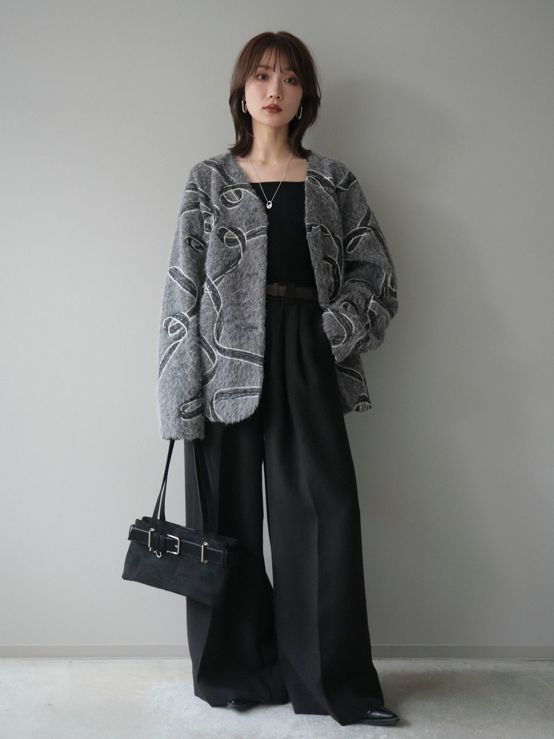 [予約]ニュアンス刺繍ブークレニットジャケット/gray