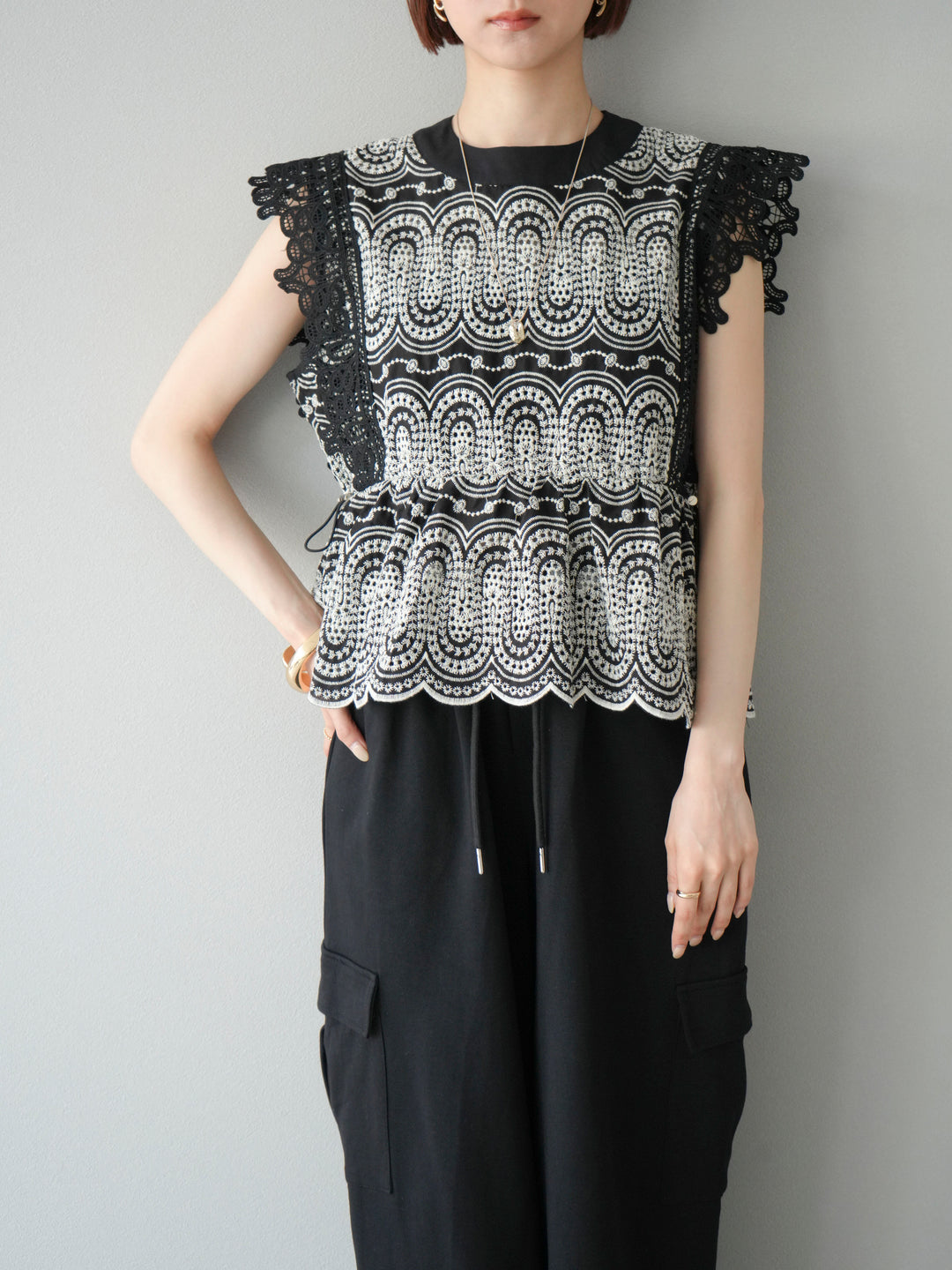 [SET]スカラップ刺繍レースブラウス+スカラップ刺繍レースブラウス(2set)