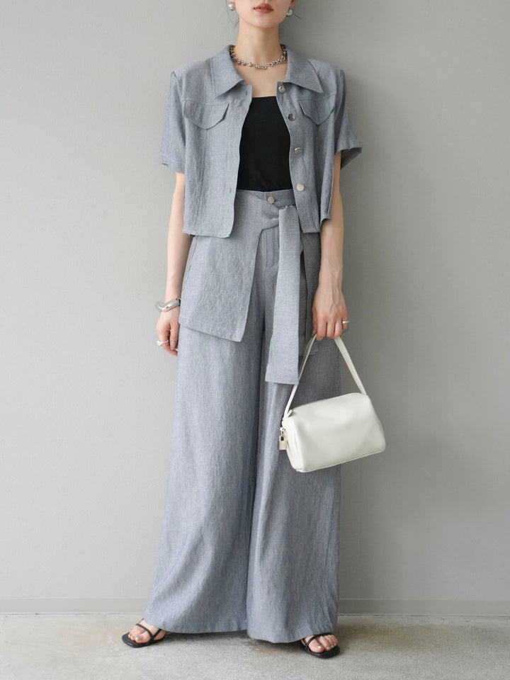 [SET]リネンタッチハーフシャツ＆ラップワイドパンツSET UP(2set)