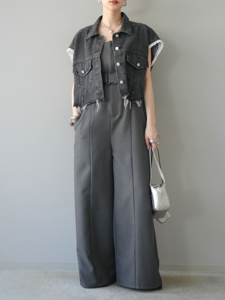 [予約]袖レースダメージデニムショートジャケット/ブラック