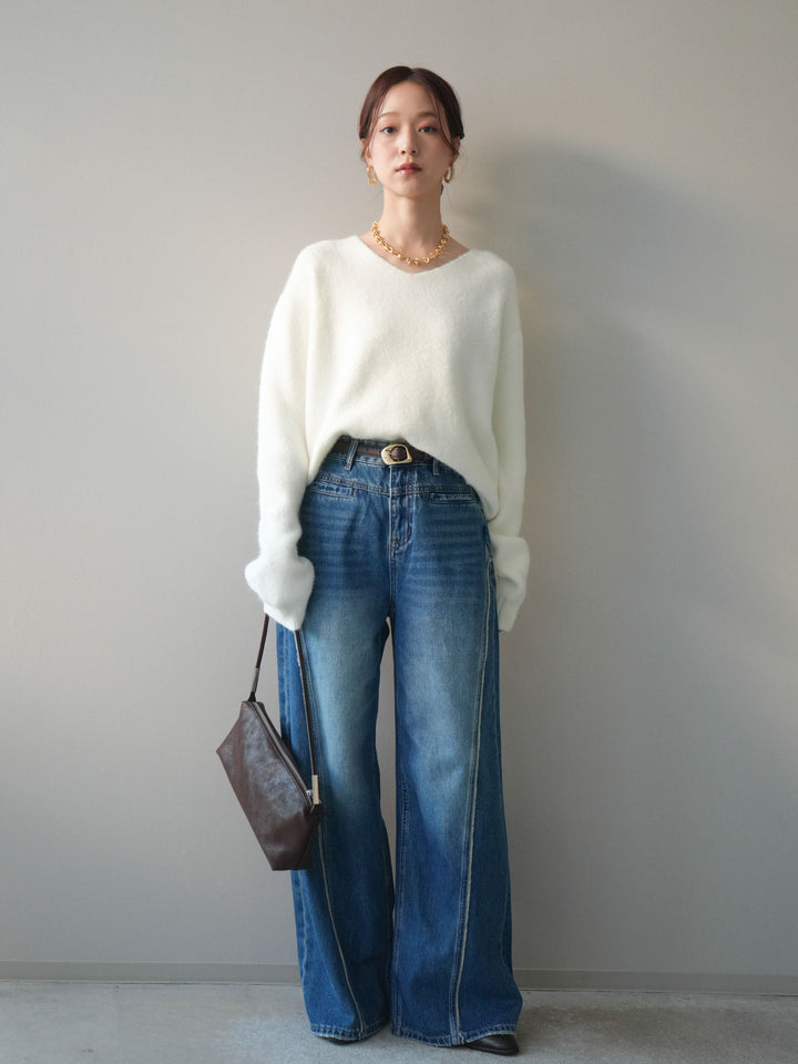 [SET]シュシュ付きアンゴラタッチVネックニットプルオーバー+サイドフリンジワイドデニムパンツ(2set)