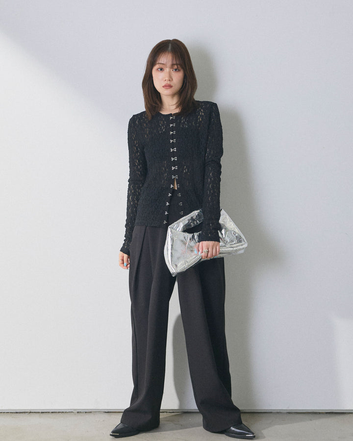 【Allure】[SET]ストレッチレースフロントホックトップス+アシンメトリーウエストタックパンツ(2set)