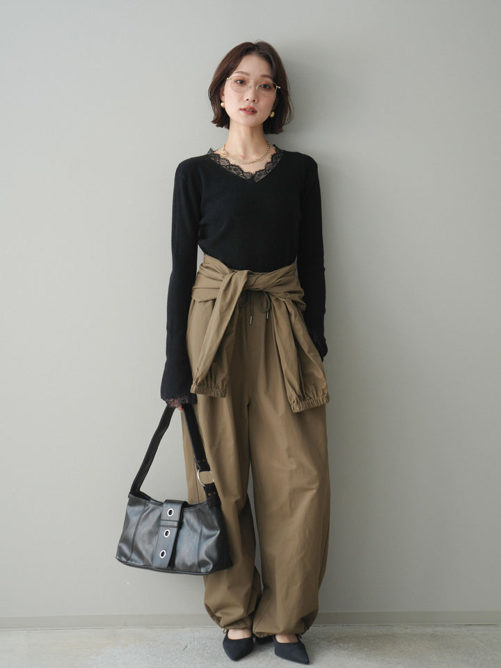 [SET]レースドッキングVネックニットトップス+ウエスト巻きデザインドロストコットンナイロンパンツ(2set)