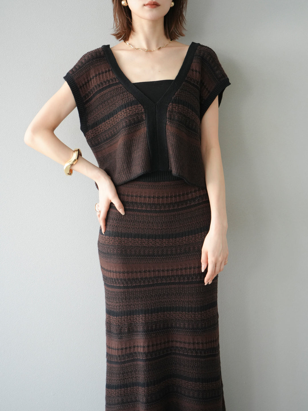 [予約]ガーター編み2WAYニットベスト/ブラウン×ブラック