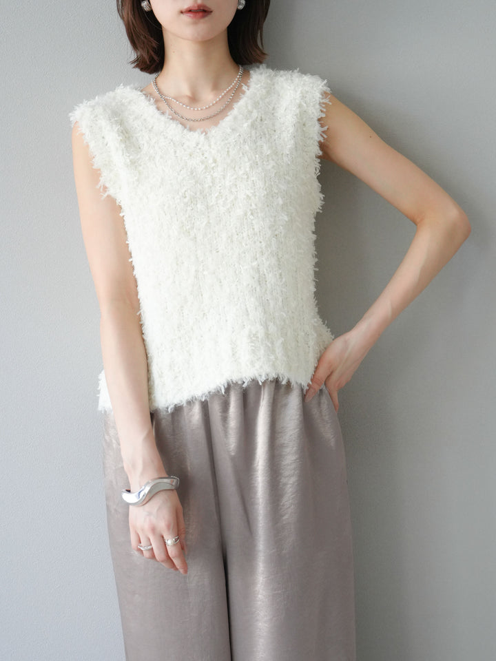 [予約]テープヤーンフリンジニットベスト/アイボリー