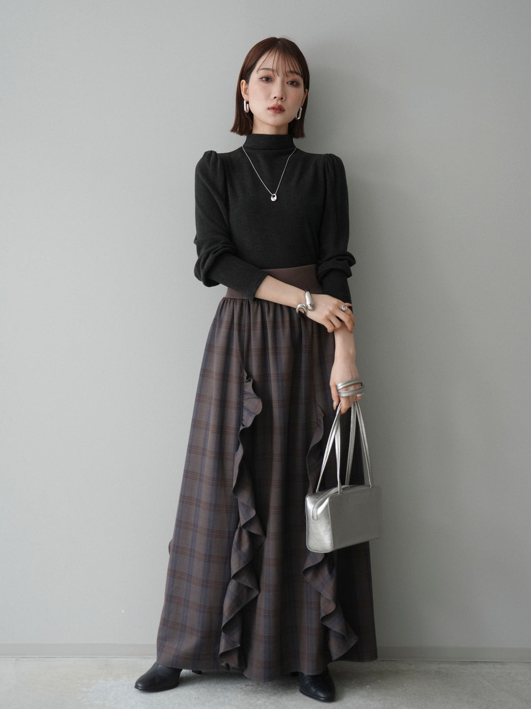 [予約]プチネックパワーショルダー起毛トップス/charcoal