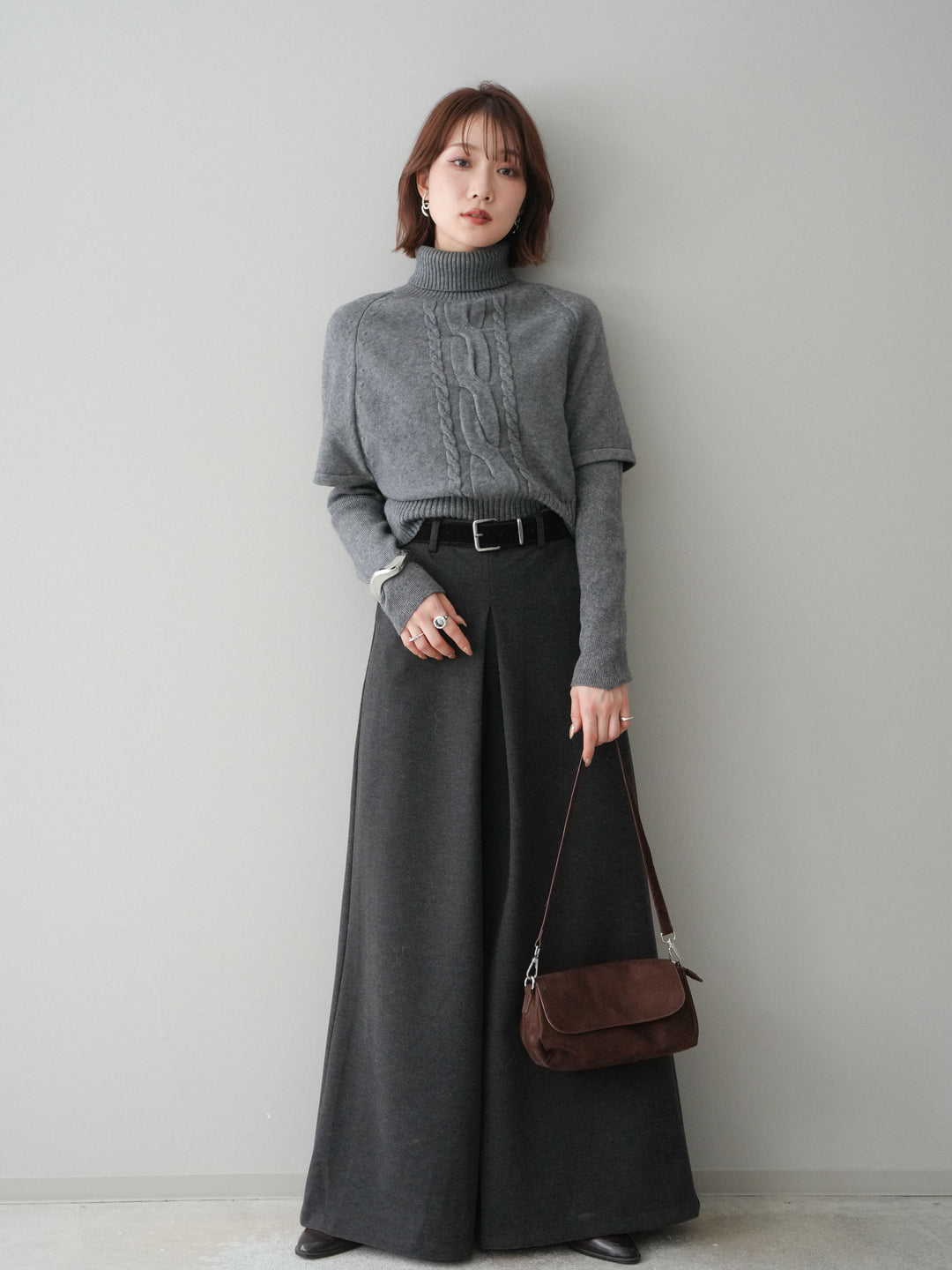 [予約]ケーブル編みタートルハーフスリーブニットアンサンブル/gray