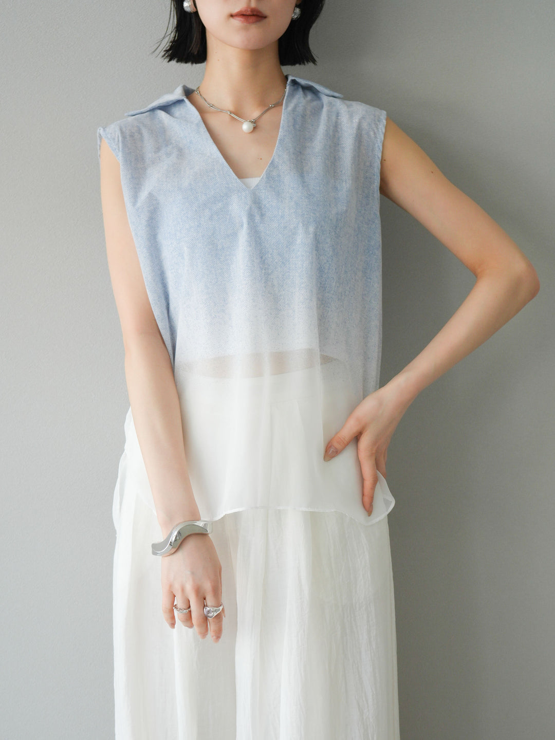 [予約]染めグラデージョンスキッパーブラウス/ライトブルー