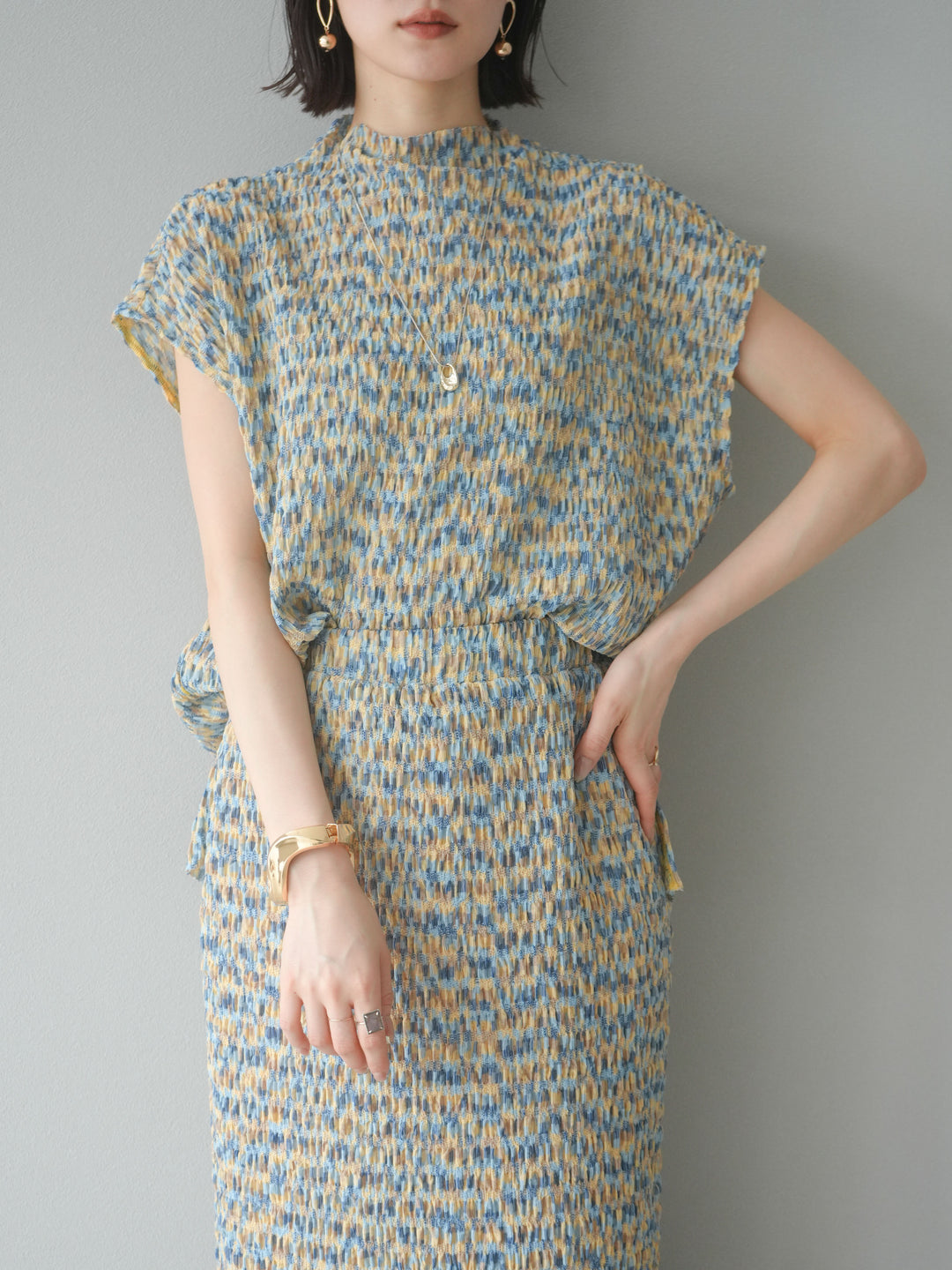 [予約]マルチカラーランダムプリーツフレンチトップス/イエロー